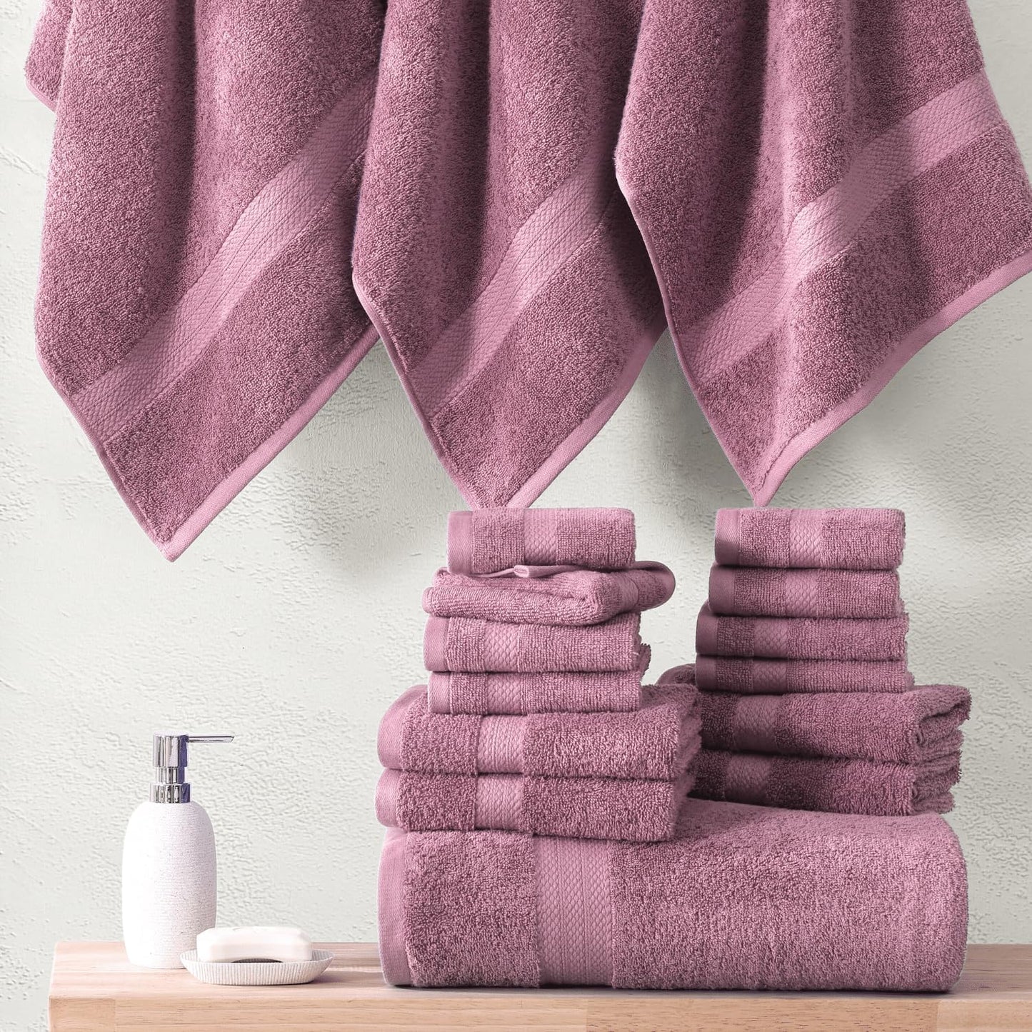 LANE LINEN 100% Mercerized Cotton Luxury Bathroom Towel Set - 16 Pcs - Super Soft, Fluffy & Highly Absorbent - 4 Bath Towels, 8 Washcloths, 4 Hand Towels - Pre Shrunk, Pet Friendly - Wishful Mauve