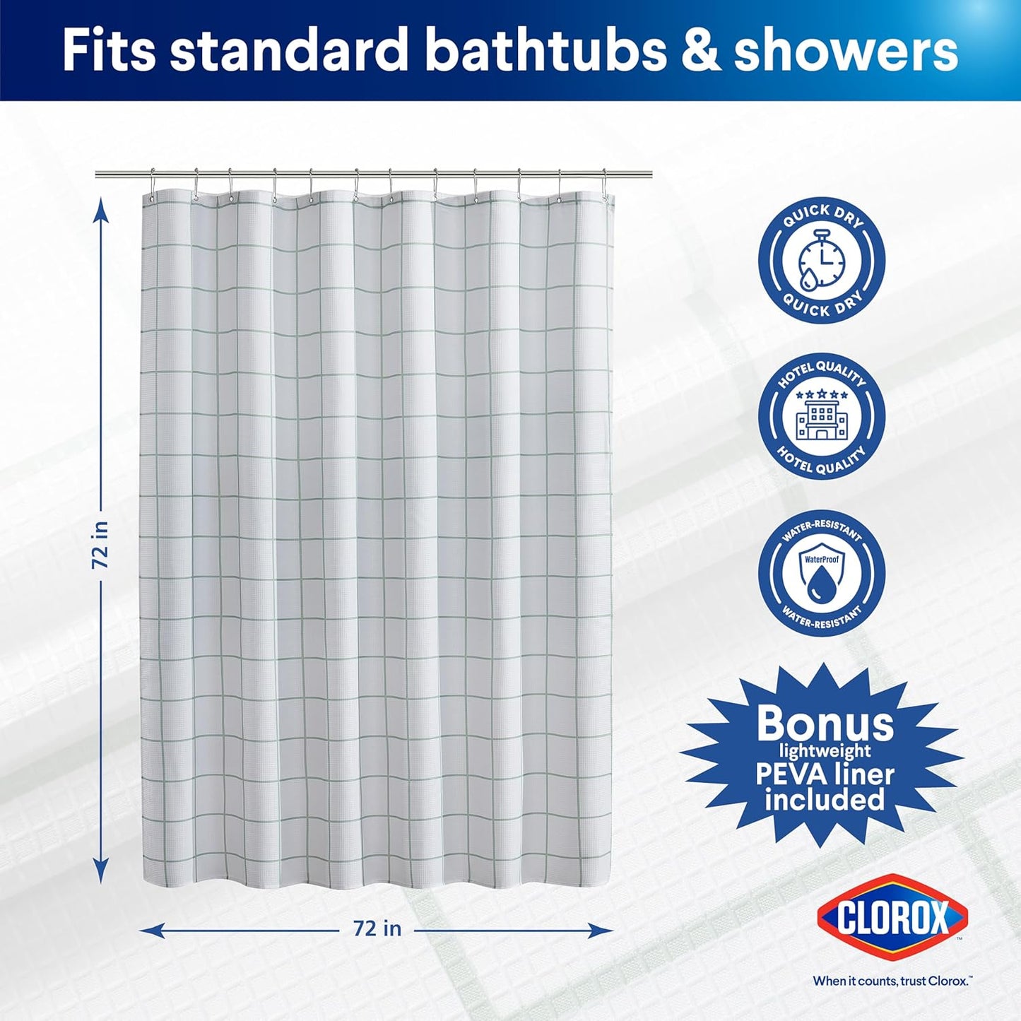 CLOROX Bathroom Waffle Windowpane Pattern Shower Curtain with Waterproof Lightweight PEVA Liner Set, Standard Size, Metal Grommets, No Hooks 72" x 72" - 2 Pc Set - Sage Green w Frosty PEVA