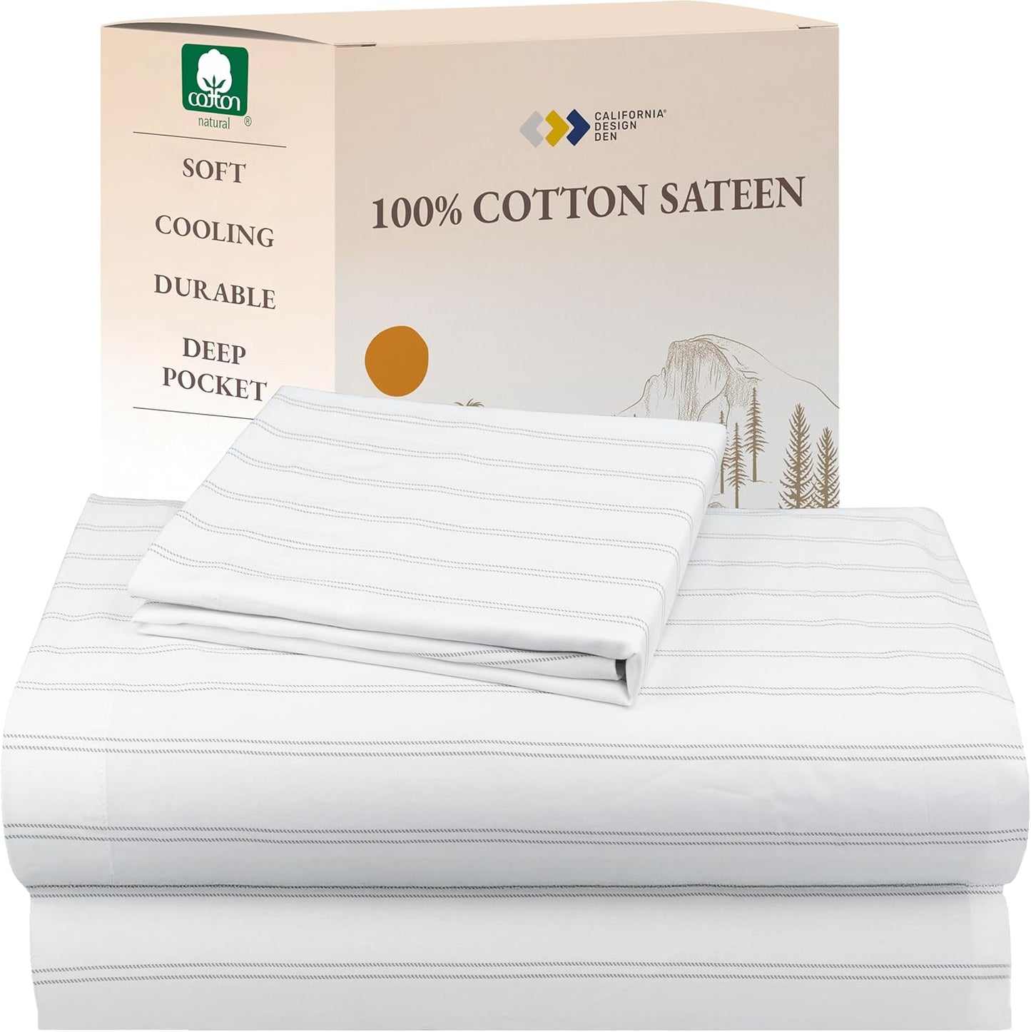 California Design Den Queen Sheet Set - Natural 100% Cotton Sheets Queen Size Bed Set with Deep Pockets, Soft Sateen Weave, Breathable and Durable Bedding (White)