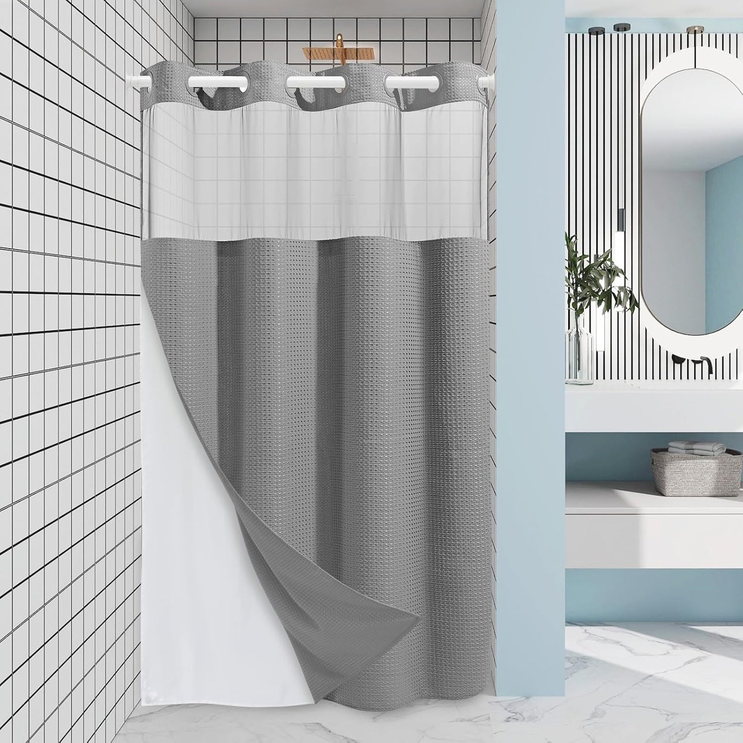 Grey Shower Curtain and Liner Set - 230GSM Waffle Weave Textured Heavy Duty,Hotel Luxury Weighted Bath Curtain,71W x 74H