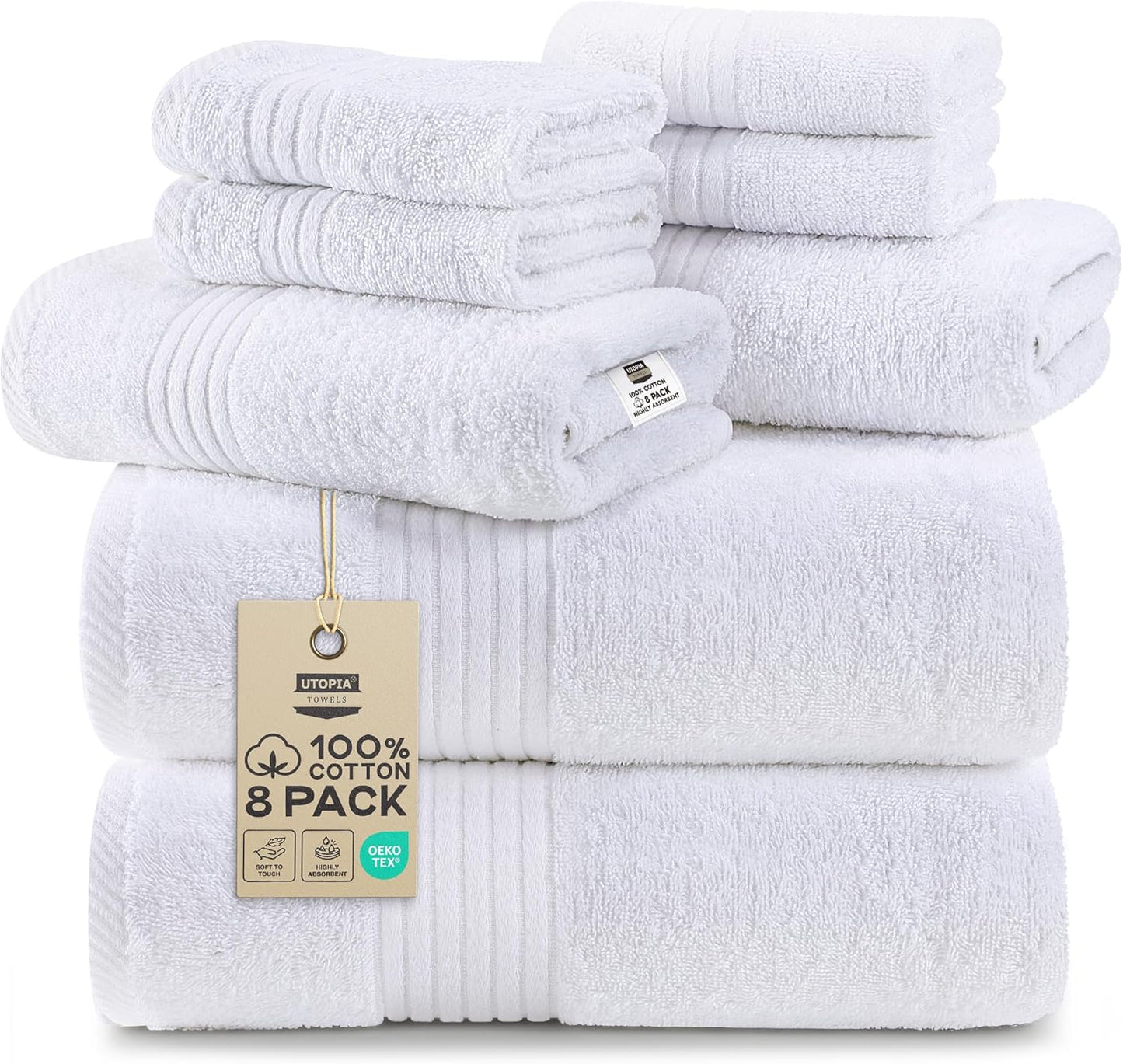 Utopia Towels 8 Piece Premium Towel Set, 2 Bath, 2 Hand, and 4 Washcloths, 100% Ring Spun Cotton, Highly Absorbent Towels for Bathroom, Sports, and Hotel, Grey