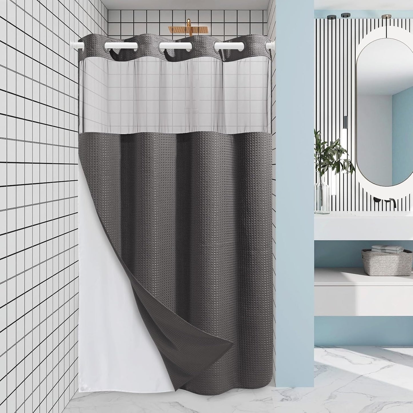 Grey Shower Curtain and Liner Set - 230GSM Waffle Weave Textured Heavy Duty,Hotel Luxury Weighted Bath Curtain,71W x 74H