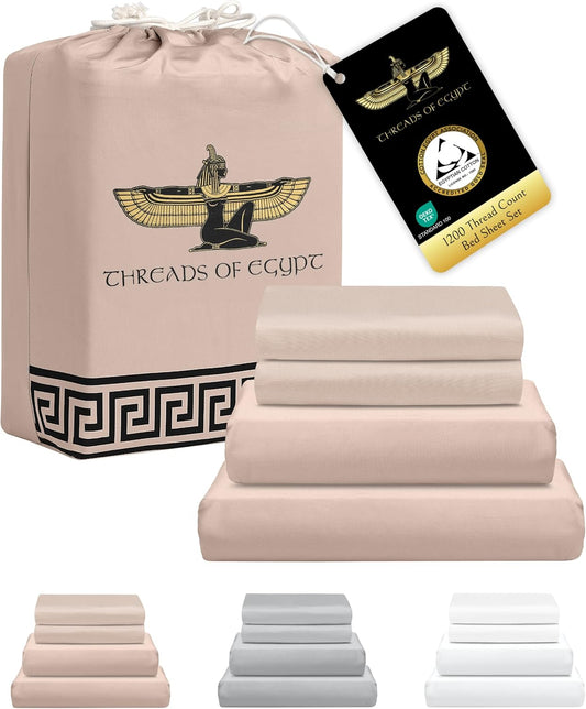 100% Egyptian Cotton Sheets King Size | 1200 Thread Count | CEA Gold Seal Certified | Heavyweight & Ultra Smooth Finish | Cooling for Hot Sleepers | 18" Deep Pocket [Dune]
