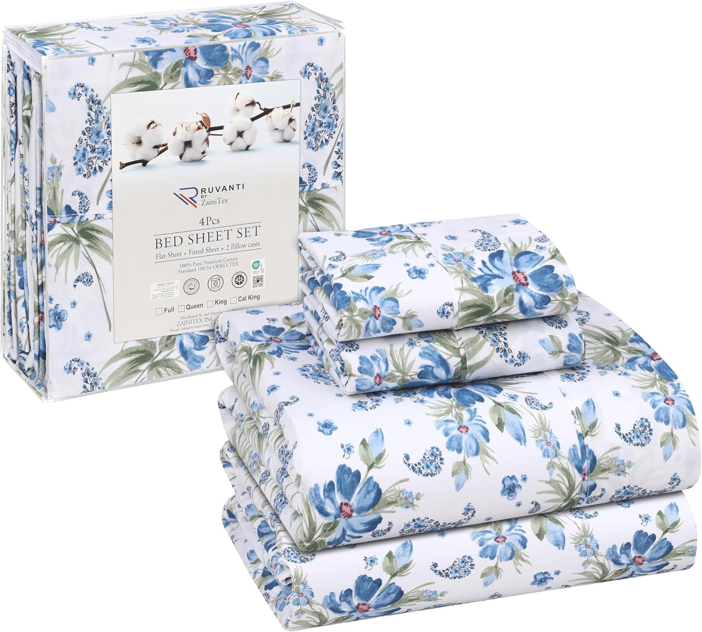 RUVANTI 100% Cotton Sheets Queen Size Set, 4 Pieces, Soft & Breathable Percale Weave Bedding, Deep Pocket 16", Hotel Standard, Crisp Cool Feeling, Durable, Perfect Floral Bed Sheet, Sweet Pea