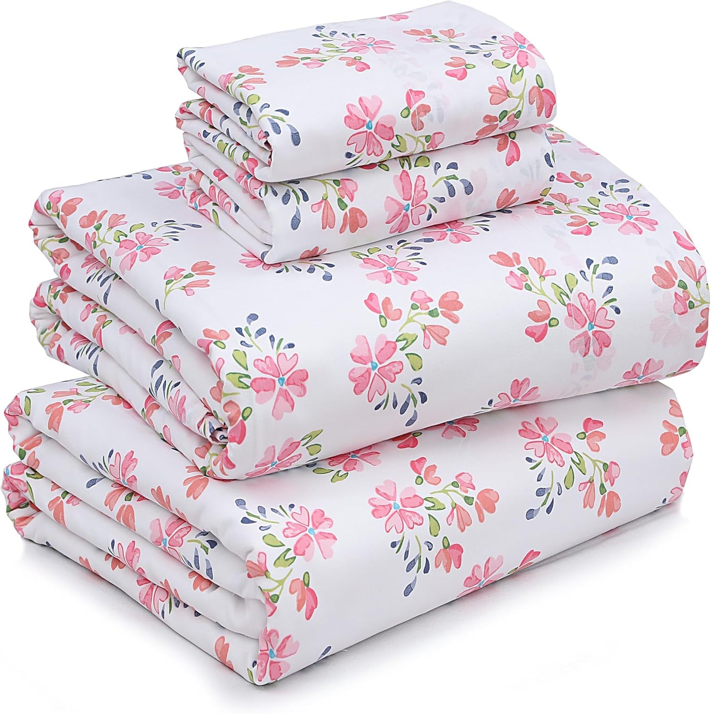 RUVANTI 100% Cotton Sheets Queen Size Set, 4 Pieces, Soft & Breathable Percale Weave Bedding, Deep Pocket 16", Hotel Standard, Crisp Cool Feeling, Durable, Perfect Floral Bed Sheet, Sweet Pea