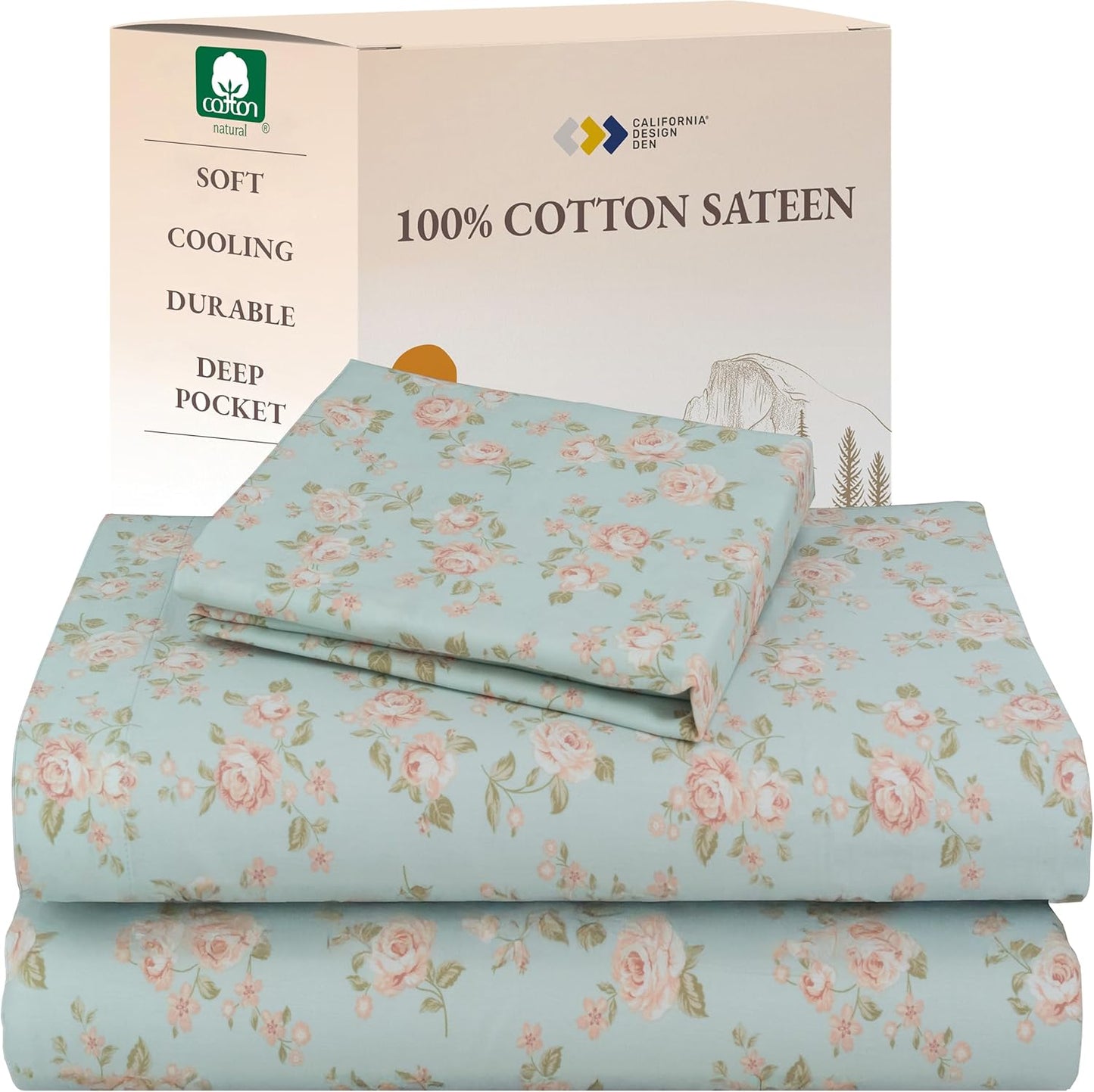 California Design Den Queen Sheet Set - Natural 100% Cotton Sheets Queen Size Bed Set with Deep Pockets, Soft Sateen Weave, Breathable and Durable Bedding (White)
