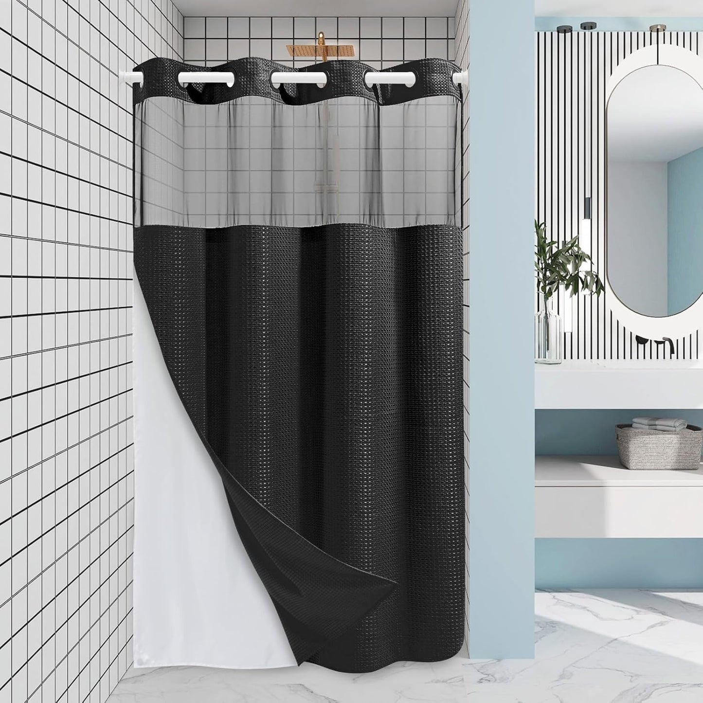 Grey Shower Curtain and Liner Set - 230GSM Waffle Weave Textured Heavy Duty,Hotel Luxury Weighted Bath Curtain,71W x 74H