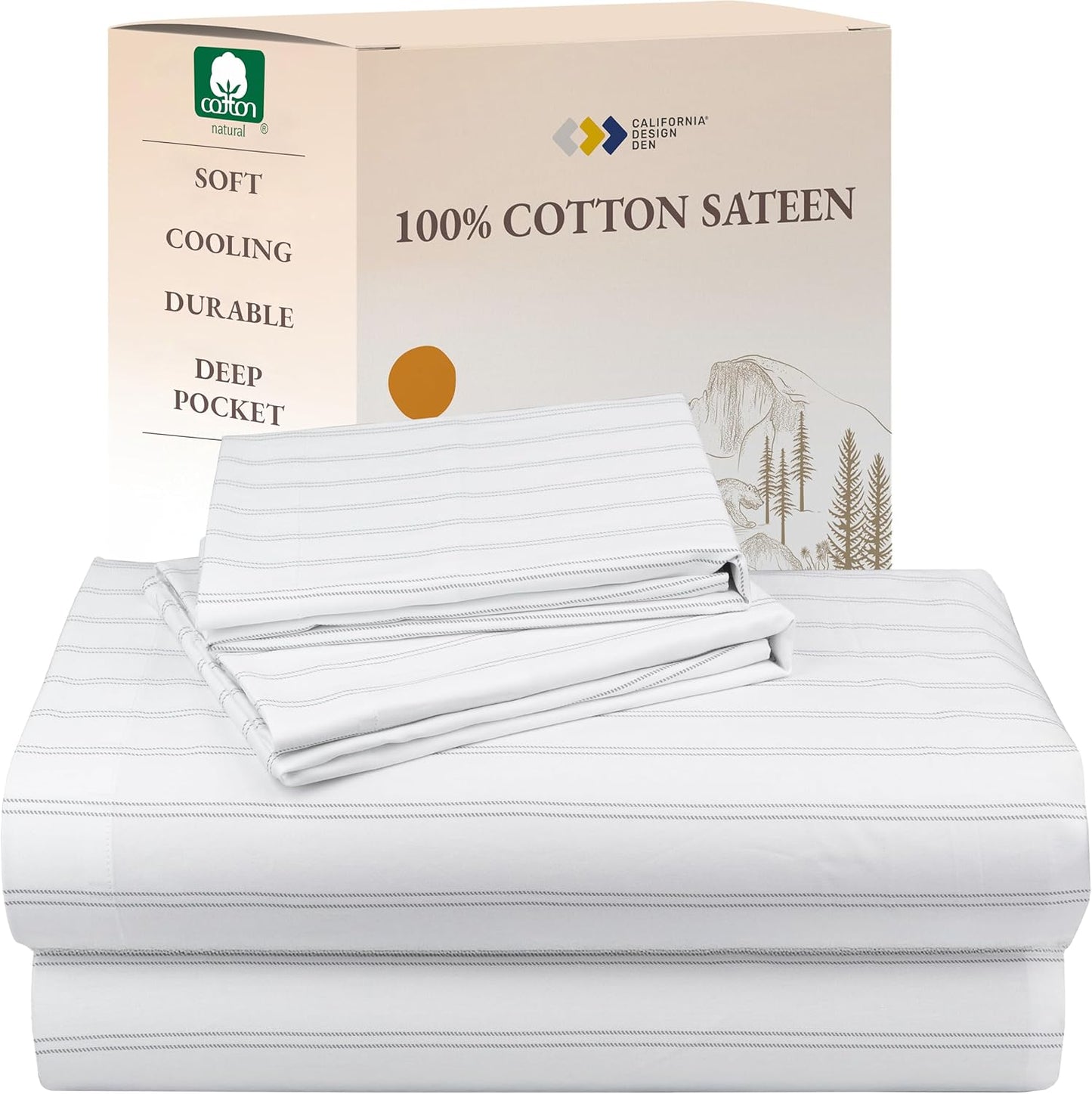 California Design Den Queen Sheet Set - Natural 100% Cotton Sheets Queen Size Bed Set with Deep Pockets, Soft Sateen Weave, Breathable and Durable Bedding (White)