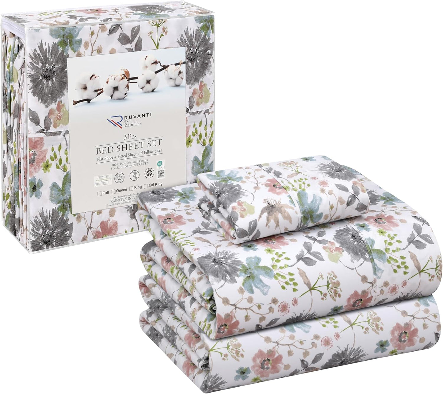 RUVANTI 100% Cotton Sheets Queen Size Set, 4 Pieces, Soft & Breathable Percale Weave Bedding, Deep Pocket 16", Hotel Standard, Crisp Cool Feeling, Durable, Perfect Floral Bed Sheet, Sweet Pea