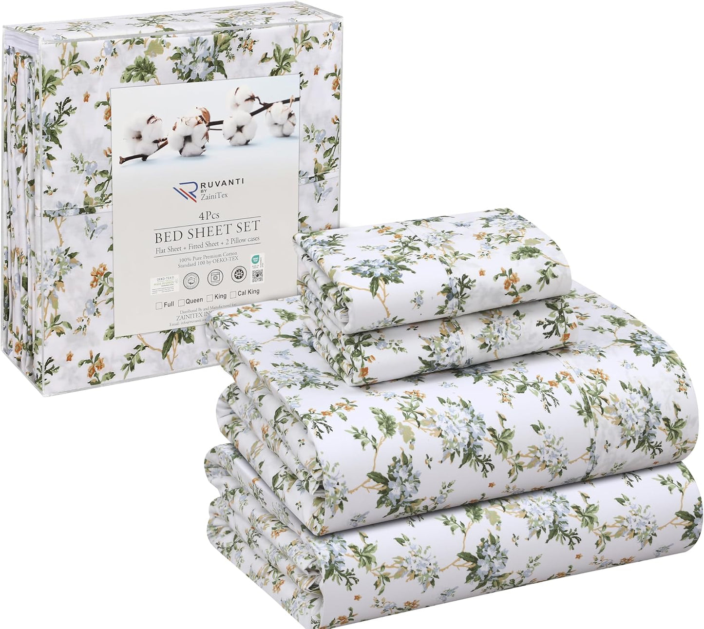 RUVANTI 100% Cotton Sheets Queen Size Set, 4 Pieces, Soft & Breathable Percale Weave Bedding, Deep Pocket 16", Hotel Standard, Crisp Cool Feeling, Durable, Perfect Floral Bed Sheet, Sweet Pea
