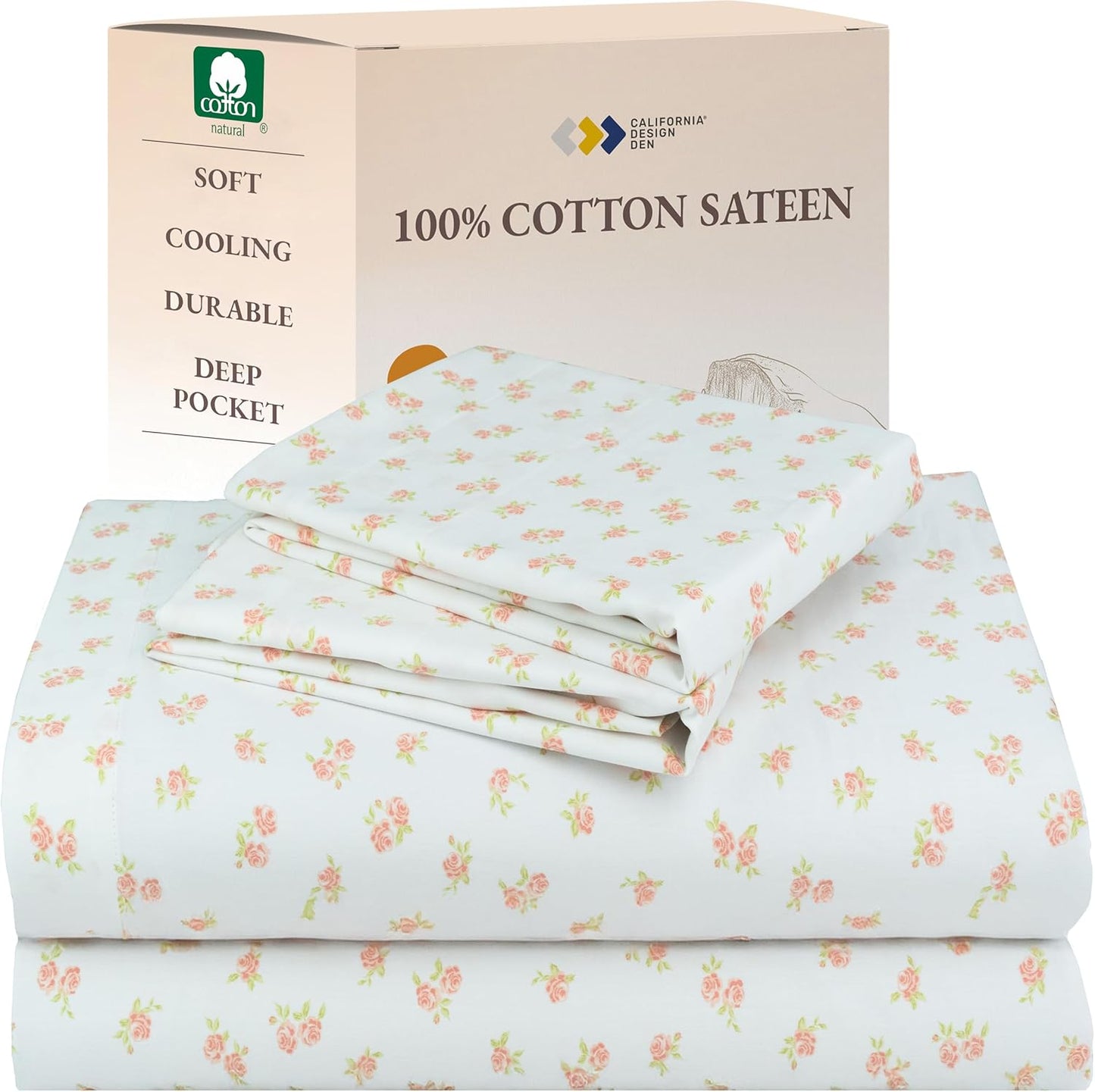 California Design Den Queen Sheet Set - Natural 100% Cotton Sheets Queen Size Bed Set with Deep Pockets, Soft Sateen Weave, Breathable and Durable Bedding (White)