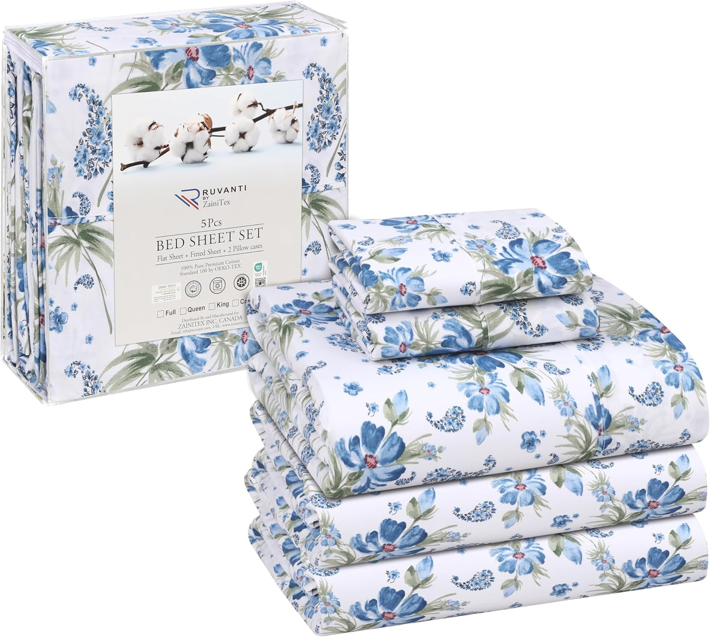 RUVANTI 100% Cotton Sheets Queen Size Set, 4 Pieces, Soft & Breathable Percale Weave Bedding, Deep Pocket 16", Hotel Standard, Crisp Cool Feeling, Durable, Perfect Floral Bed Sheet, Sweet Pea
