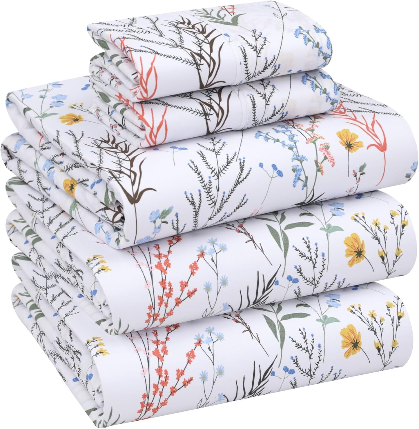 RUVANTI 100% Cotton Sheets Queen Size Set, 4 Pieces, Soft & Breathable Percale Weave Bedding, Deep Pocket 16", Hotel Standard, Crisp Cool Feeling, Durable, Perfect Floral Bed Sheet, Sweet Pea