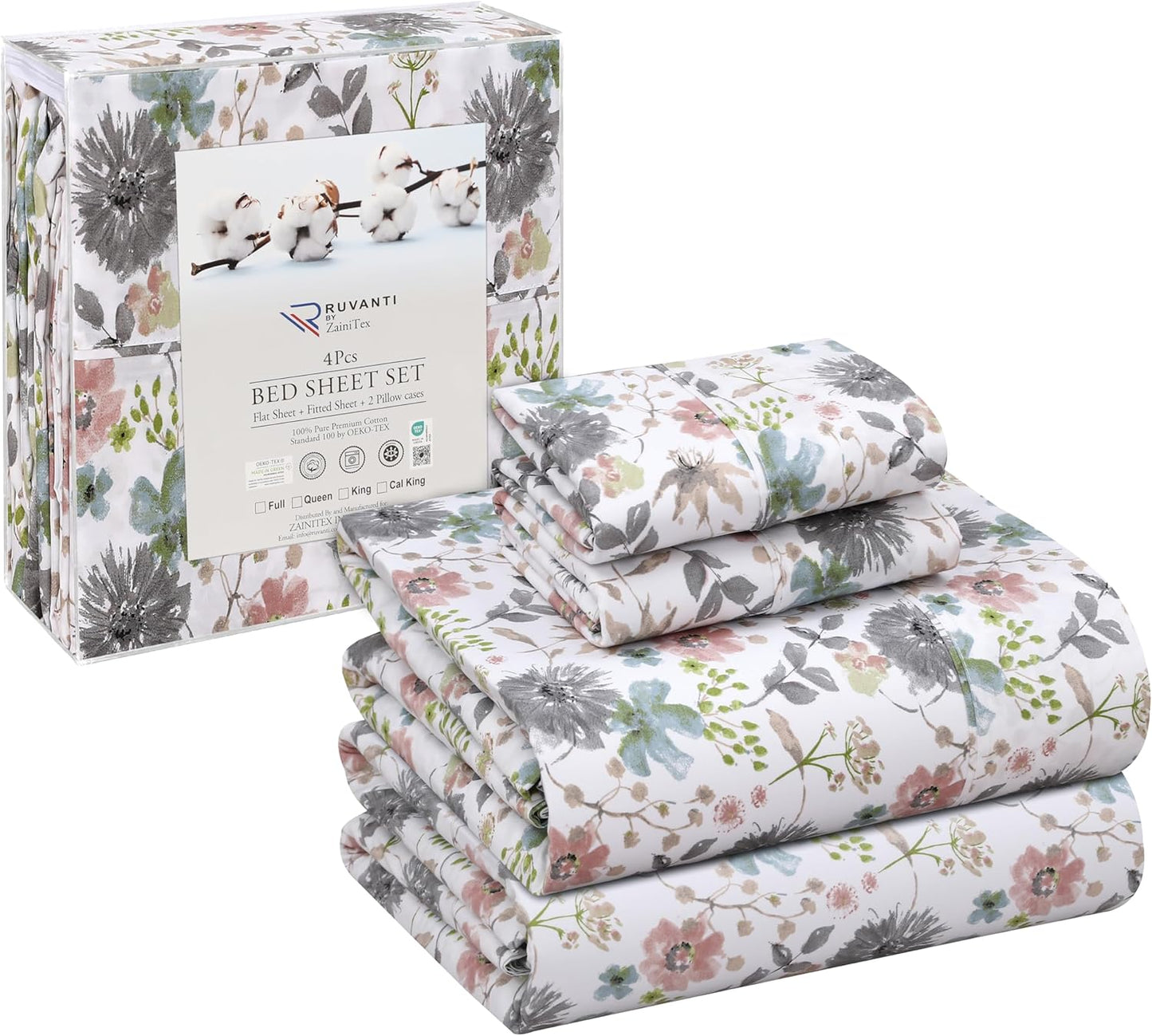 RUVANTI 100% Cotton Sheets Queen Size Set, 4 Pieces, Soft & Breathable Percale Weave Bedding, Deep Pocket 16", Hotel Standard, Crisp Cool Feeling, Durable, Perfect Floral Bed Sheet, Sweet Pea