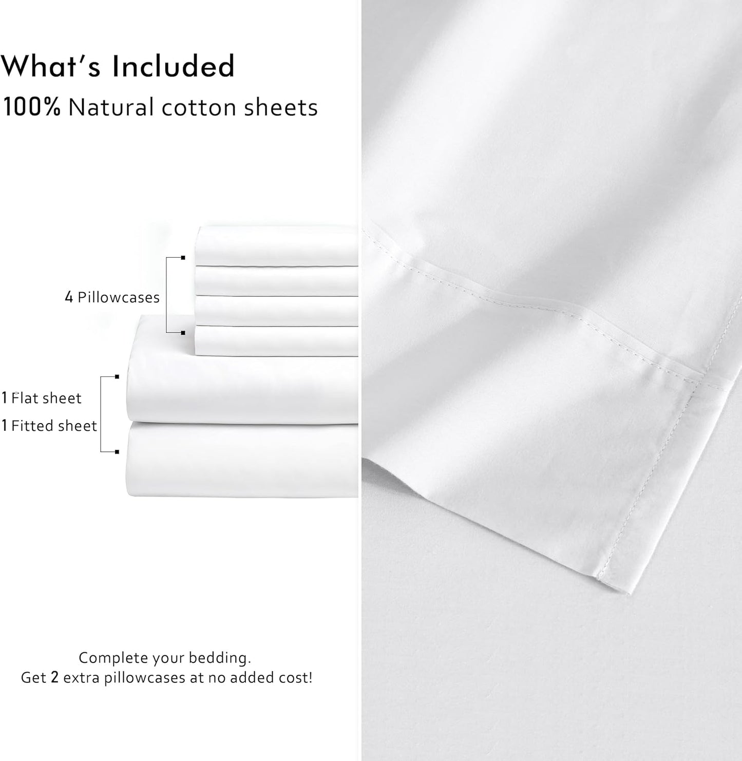 RUVANTI 6 Pcs Cotton Sheets - 100% Natural Cotton Soft, Lightweight & Breathable Crispy Percale Bed Sheets, Queen Sheet Set 16" Deep Pockets, Bright White