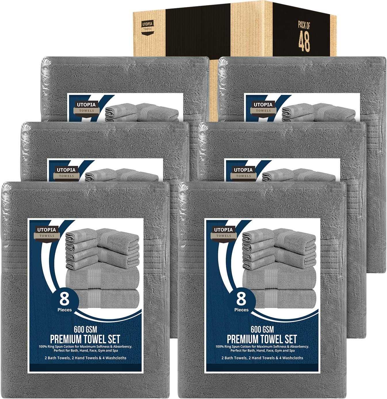 Utopia Towels 8 Piece Premium Towel Set, 2 Bath, 2 Hand, and 4 Washcloths, 100% Ring Spun Cotton, Highly Absorbent Towels for Bathroom, Sports, and Hotel, Grey