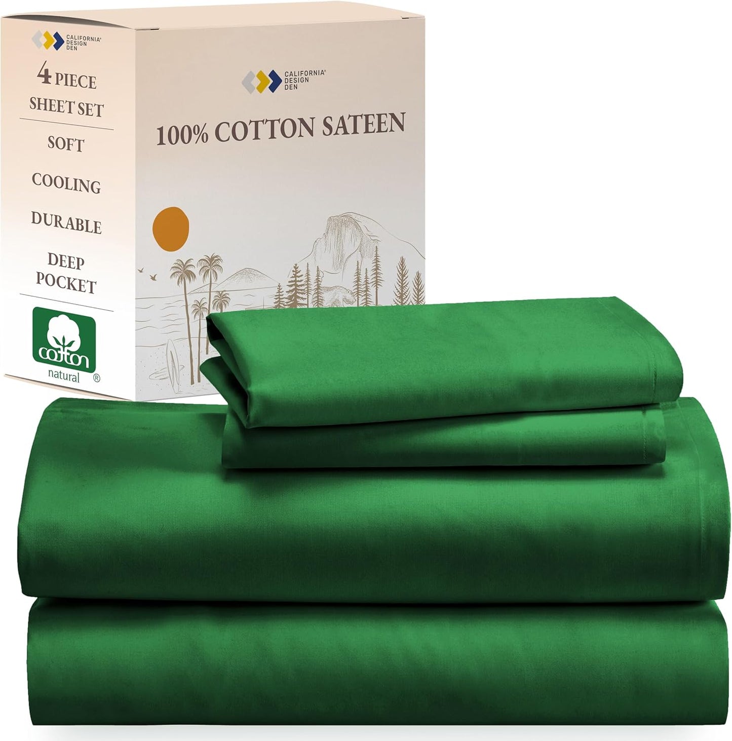 California Design Den Queen Sheet Set - Natural 100% Cotton Sheets Queen Size Bed Set with Deep Pockets, Soft Sateen Weave, Breathable and Durable Bedding (White)