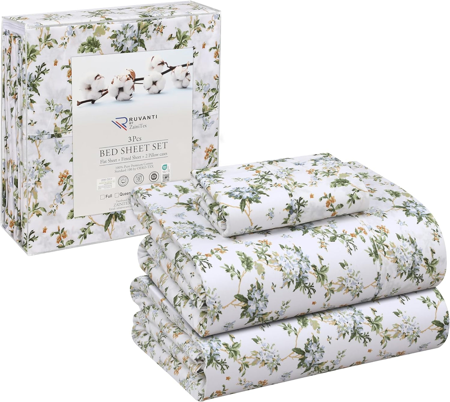 RUVANTI 100% Cotton Sheets Queen Size Set, 4 Pieces, Soft & Breathable Percale Weave Bedding, Deep Pocket 16", Hotel Standard, Crisp Cool Feeling, Durable, Perfect Floral Bed Sheet, Sweet Pea