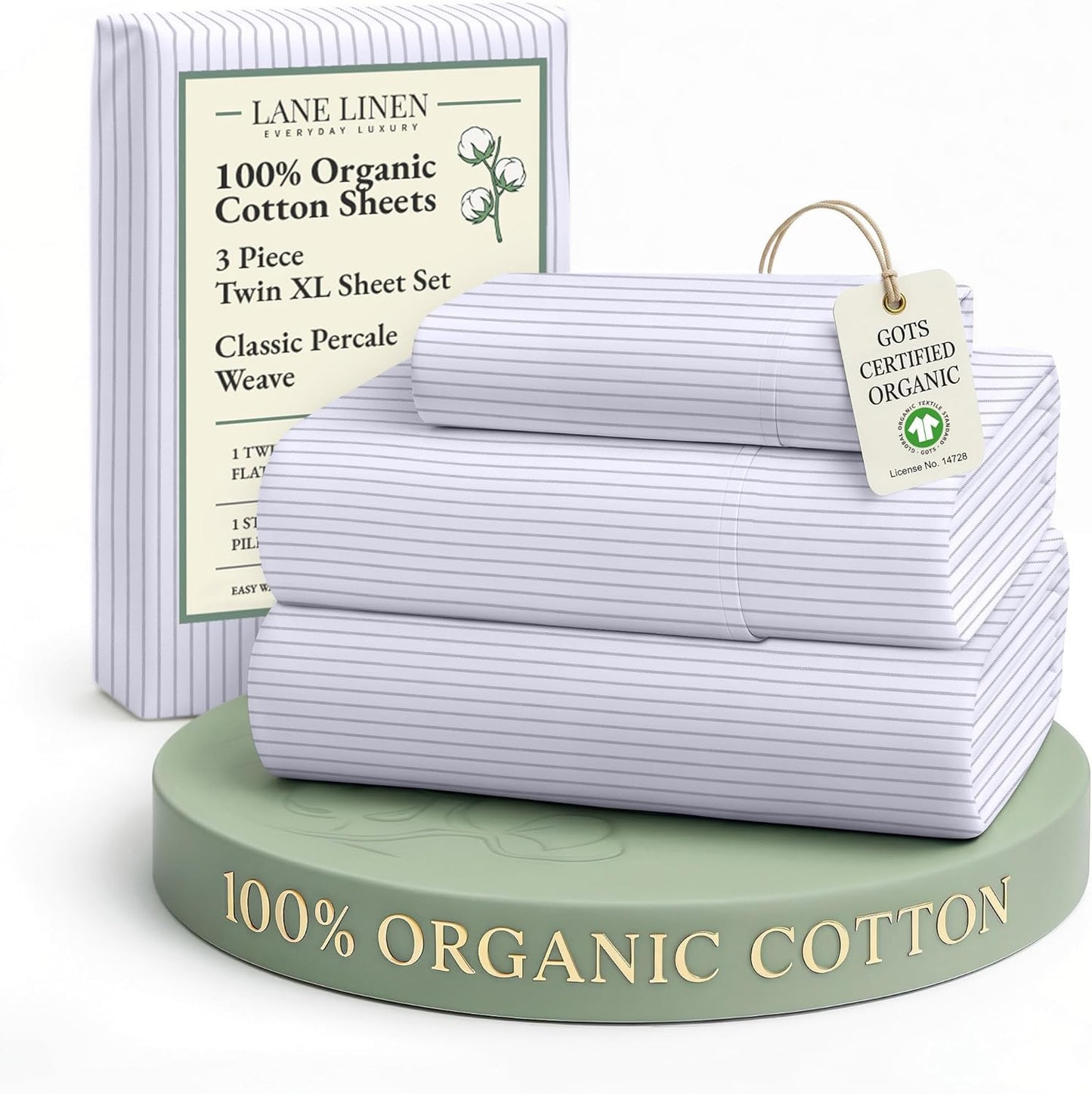 LANE LINEN 100% Organic Cotton Twin Sheets Set, 3Pc Twin Bed Sheets, Soft & Comfy Breathable Cotton Percale Sheets for Twin Size Bed, Dorm Room Essentials Low Pill Fade Resistant White Sheets