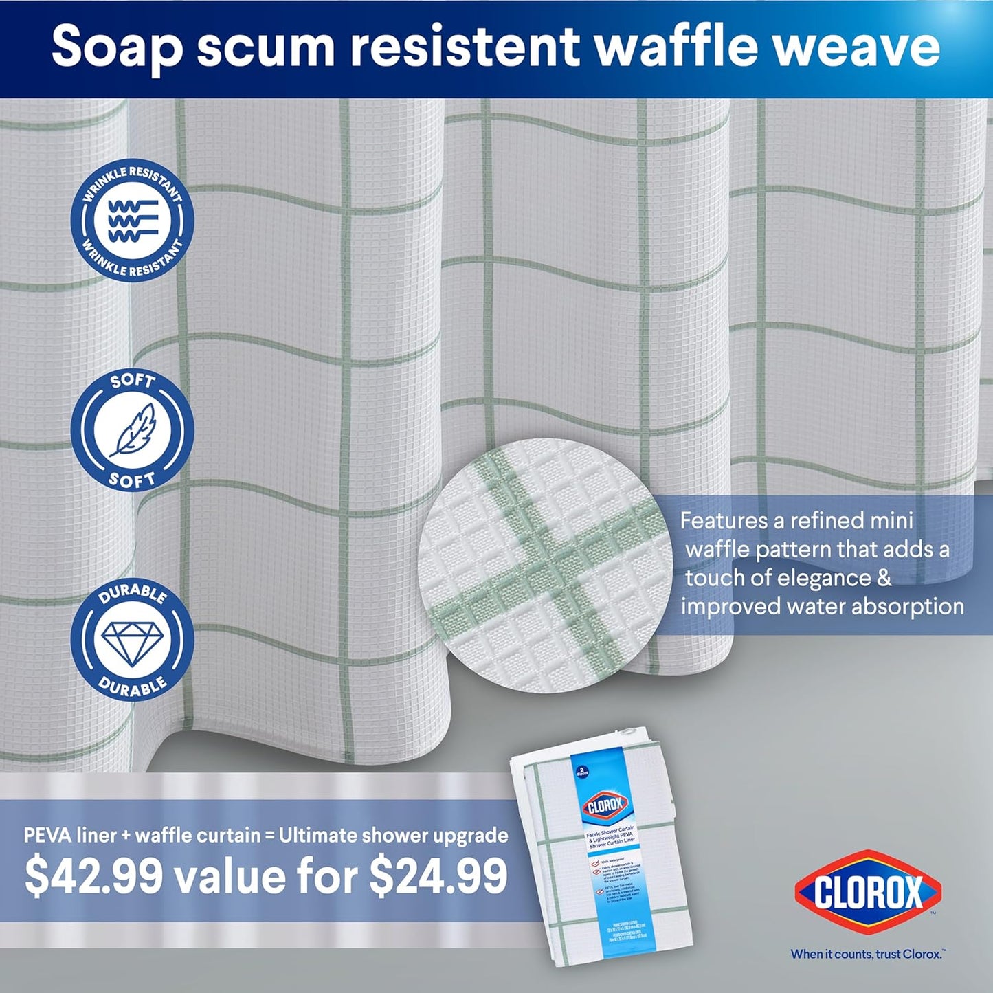 CLOROX Bathroom Waffle Windowpane Pattern Shower Curtain with Waterproof Lightweight PEVA Liner Set, Standard Size, Metal Grommets, No Hooks 72" x 72" - 2 Pc Set - Sage Green w Frosty PEVA