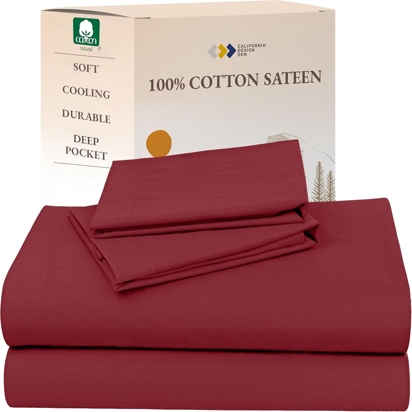 California Design Den Queen Sheet Set - Natural 100% Cotton Sheets Queen Size Bed Set with Deep Pockets, Soft Sateen Weave, Breathable and Durable Bedding (White)