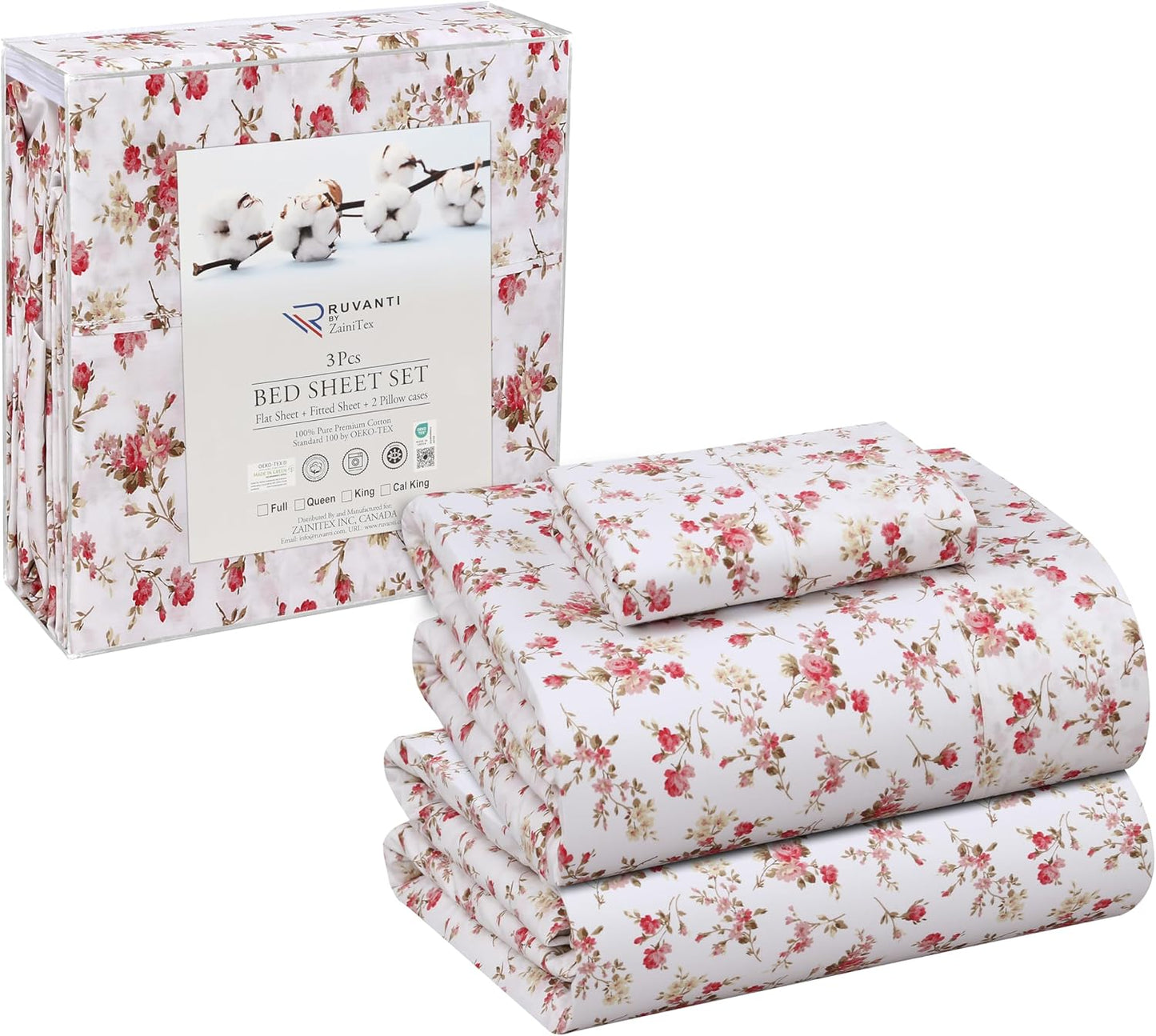 RUVANTI 100% Cotton Sheets Queen Size Set, 4 Pieces, Soft & Breathable Percale Weave Bedding, Deep Pocket 16", Hotel Standard, Crisp Cool Feeling, Durable, Perfect Floral Bed Sheet, Sweet Pea