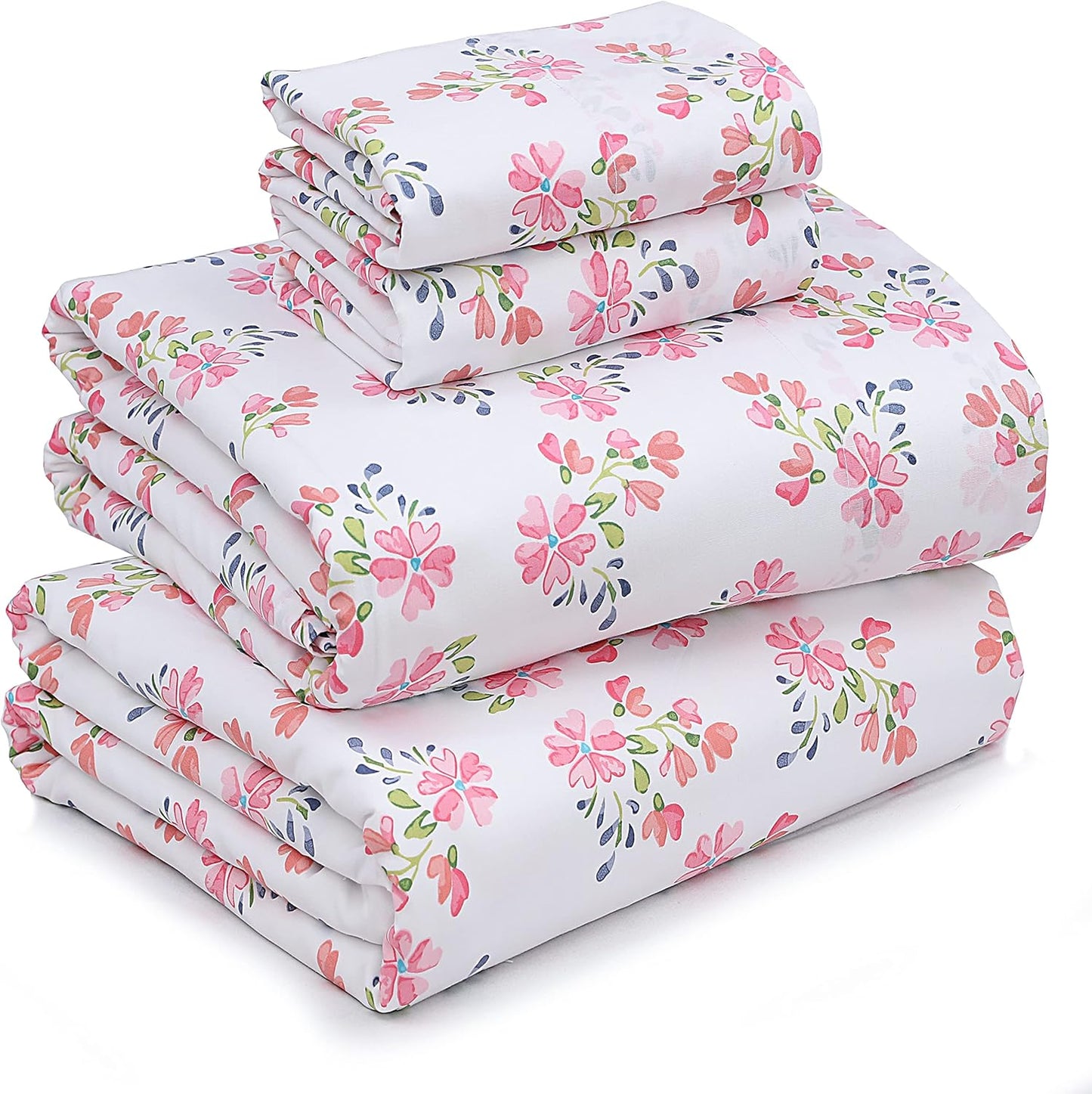 RUVANTI 100% Cotton Sheets Queen Size Set, 4 Pieces, Soft & Breathable Percale Weave Bedding, Deep Pocket 16", Hotel Standard, Crisp Cool Feeling, Durable, Perfect Floral Bed Sheet, Sweet Pea