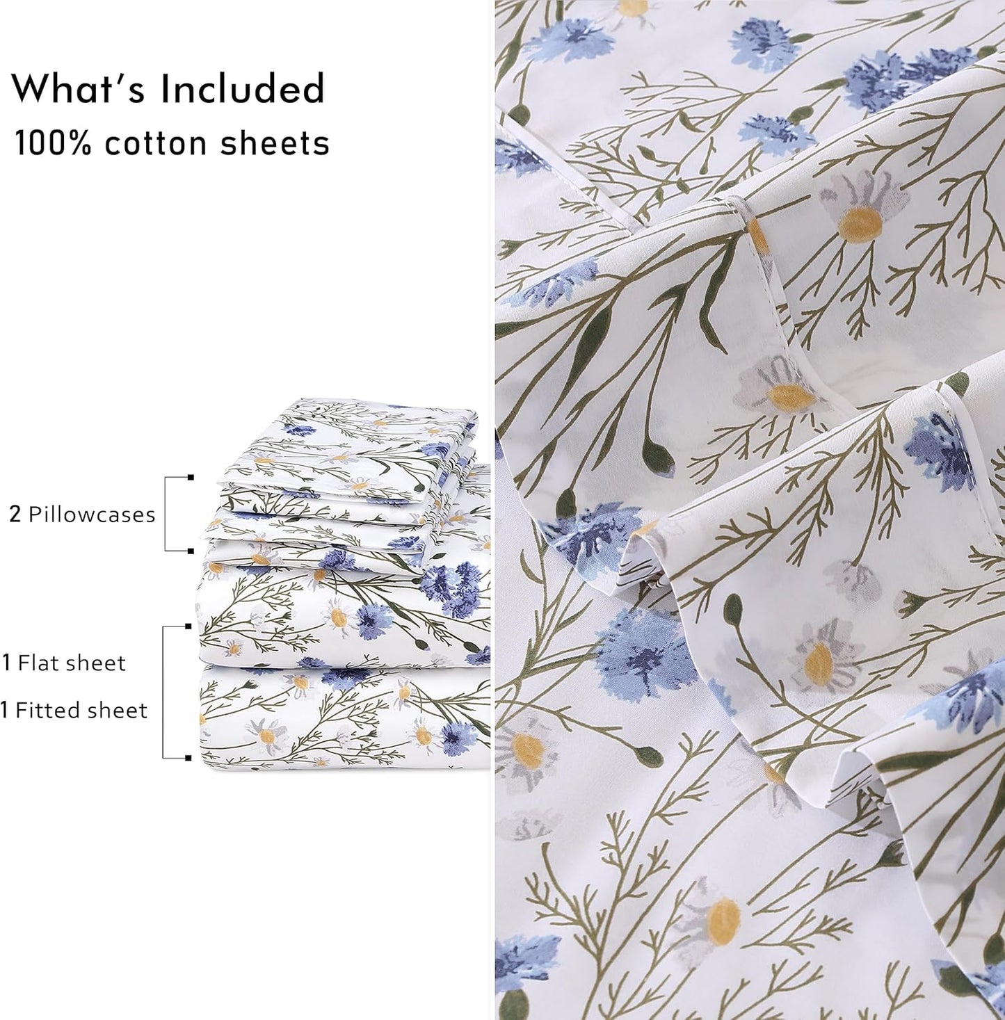 RUVANTI 100% Cotton Sheets Queen Size Set, 4 Pieces, Soft & Breathable Percale Weave Bedding, Deep Pocket 16", Hotel Standard, Crisp Cool Feeling, Durable, Perfect Floral Bed Sheet, Sweet Pea