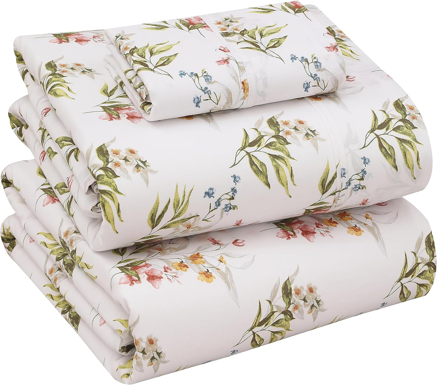 RUVANTI 100% Cotton Sheets Queen Size Set, 4 Pieces, Soft & Breathable Percale Weave Bedding, Deep Pocket 16", Hotel Standard, Crisp Cool Feeling, Durable, Perfect Floral Bed Sheet, Sweet Pea