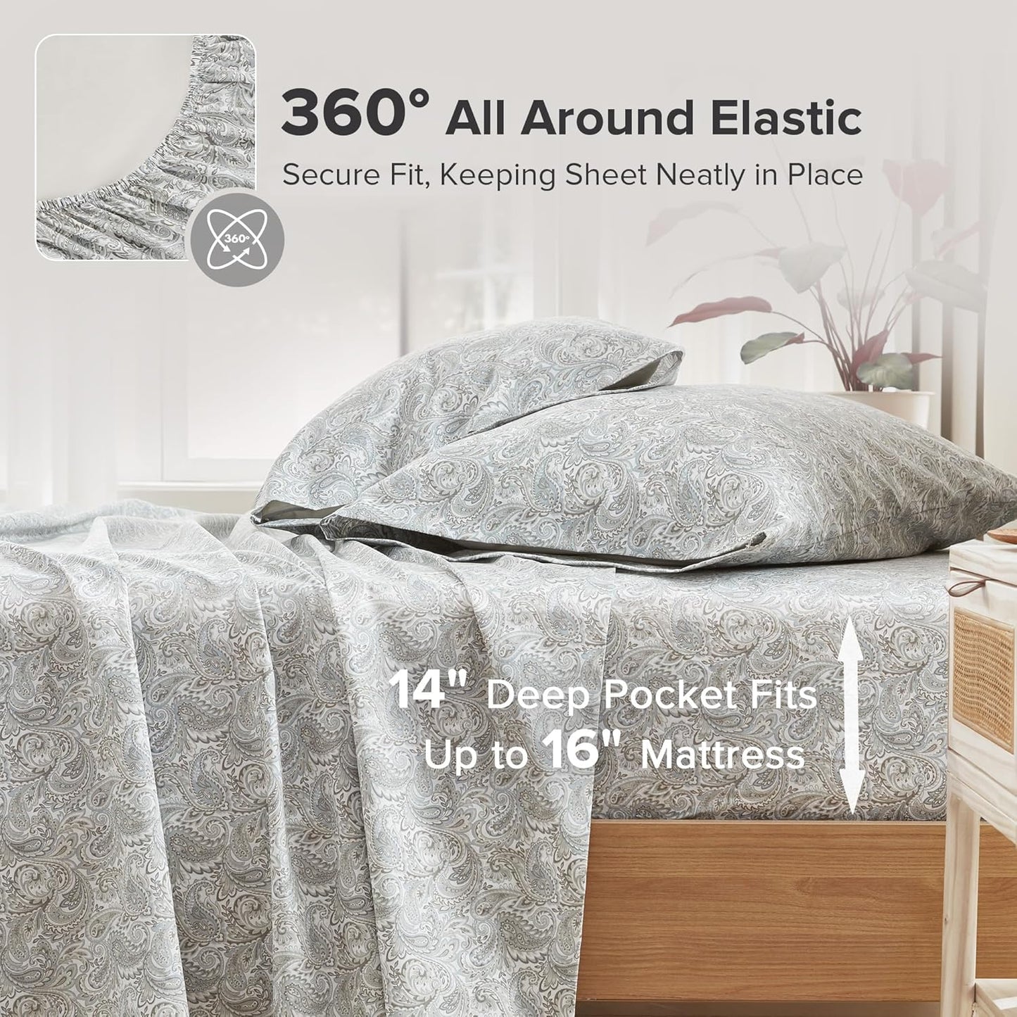 Comfort Spaces 100% Cotton Sheets King, Breathable, Naturally Cool Cotton Sheets, Soft Cotton Bed Sheets with 14" Elastic Pocket Fits up to 16" Mattress, All Seasons Sheet Set, Paisley Multi 4 Piece