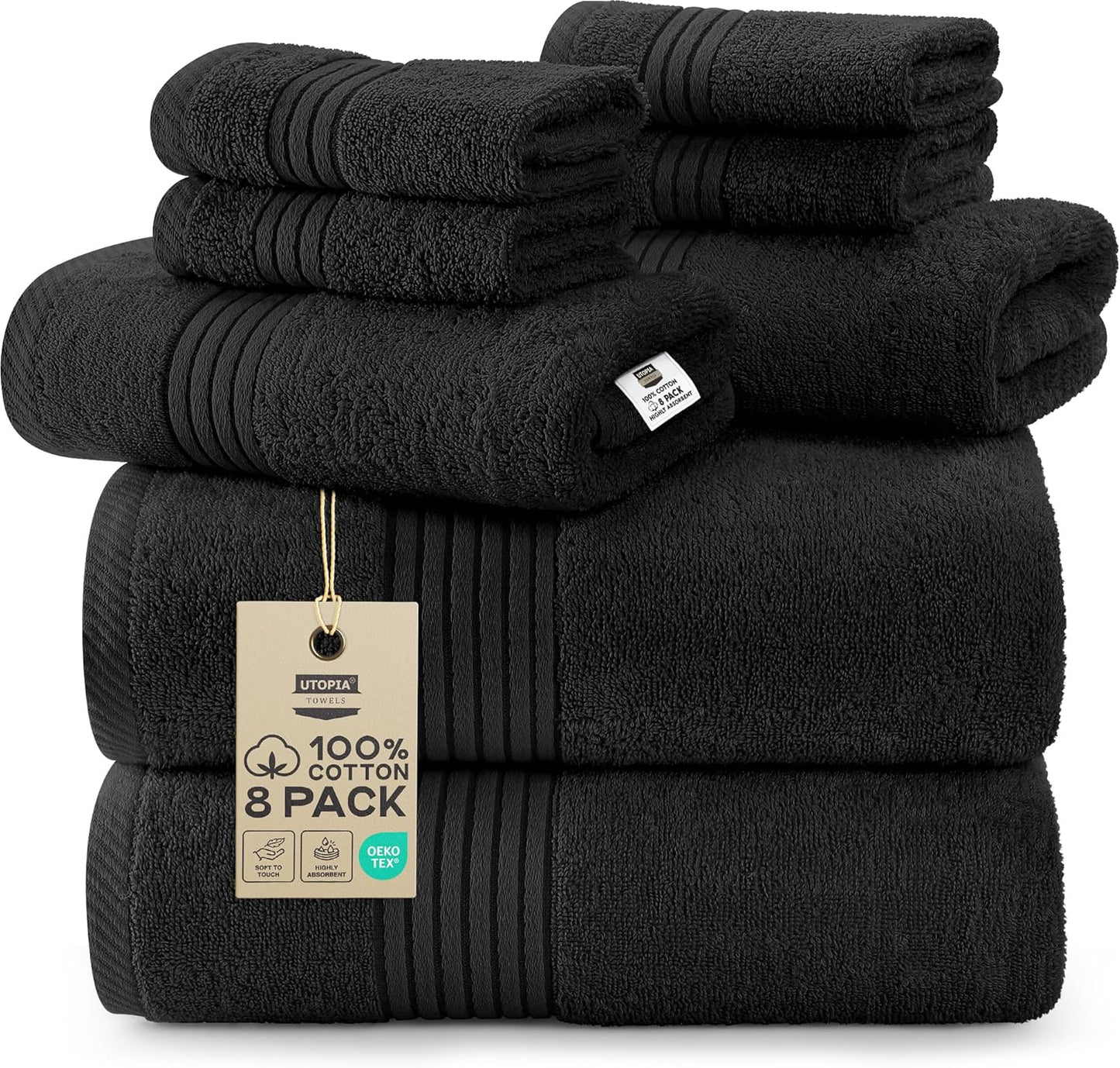 Utopia Towels 8 Piece Premium Towel Set, 2 Bath, 2 Hand, and 4 Washcloths, 100% Ring Spun Cotton, Highly Absorbent Towels for Bathroom, Sports, and Hotel, Grey