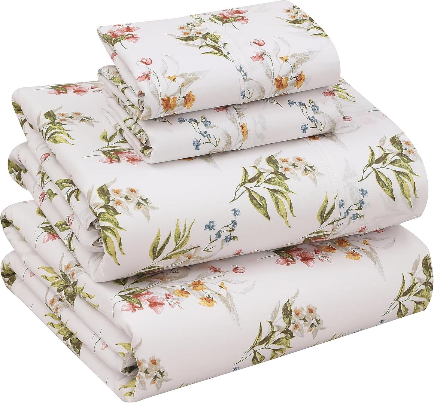 RUVANTI 100% Cotton Sheets Queen Size Set, 4 Pieces, Soft & Breathable Percale Weave Bedding, Deep Pocket 16", Hotel Standard, Crisp Cool Feeling, Durable, Perfect Floral Bed Sheet, Sweet Pea