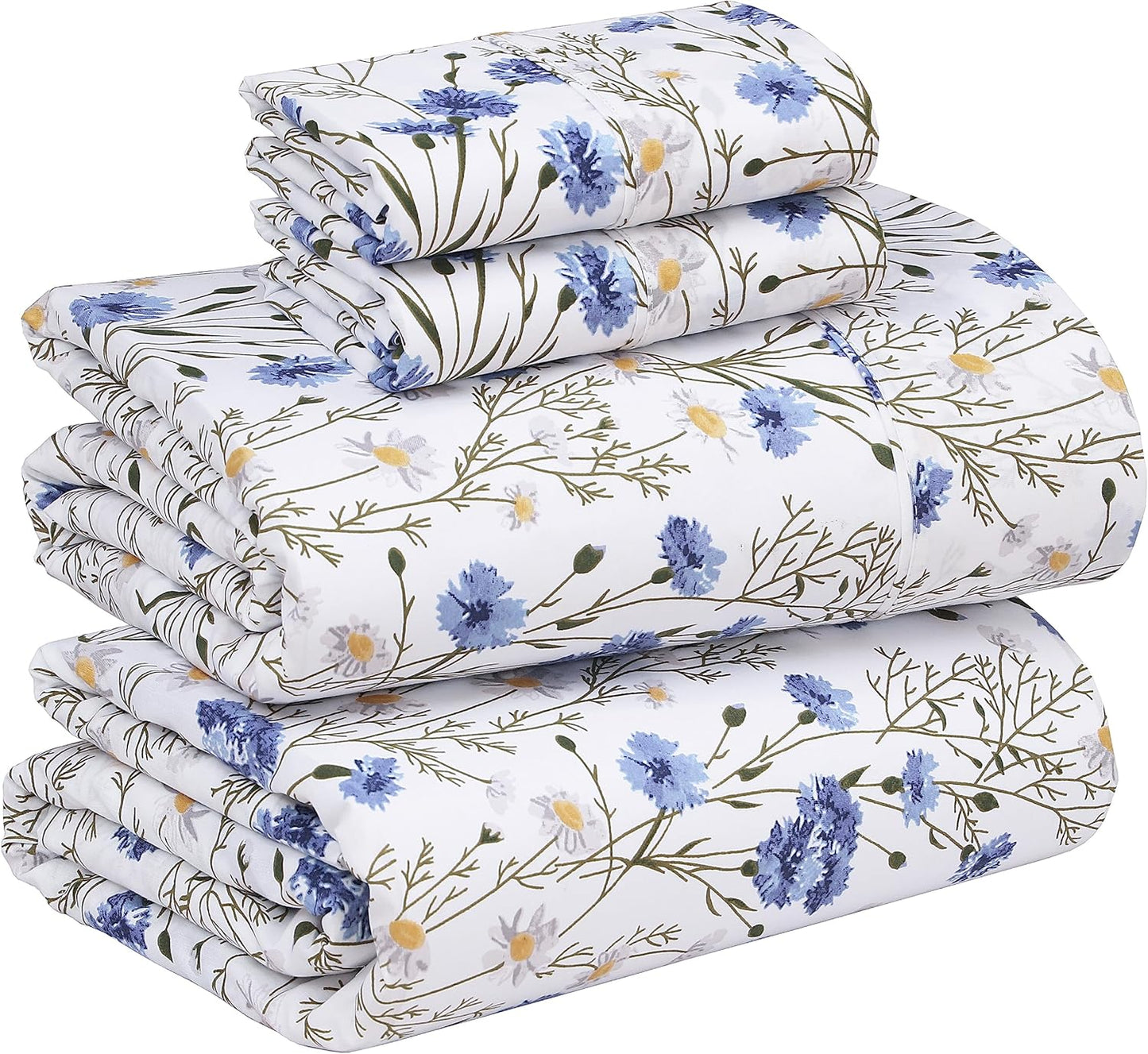 RUVANTI 100% Cotton Sheets Queen Size Set, 4 Pieces, Soft & Breathable Percale Weave Bedding, Deep Pocket 16", Hotel Standard, Crisp Cool Feeling, Durable, Perfect Floral Bed Sheet, Sweet Pea