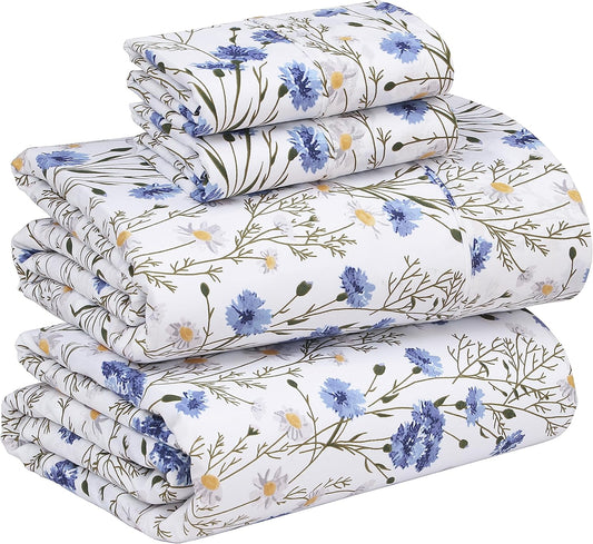 RUVANTI 100% Cotton Sheets Queen Size Set, 4 Pieces, Soft & Breathable Percale Weave Bedding, Deep Pocket 16", Hotel Standard, Crisp Cool Feeling, Durable, Perfect Floral Bed Sheet, Sweet Pea