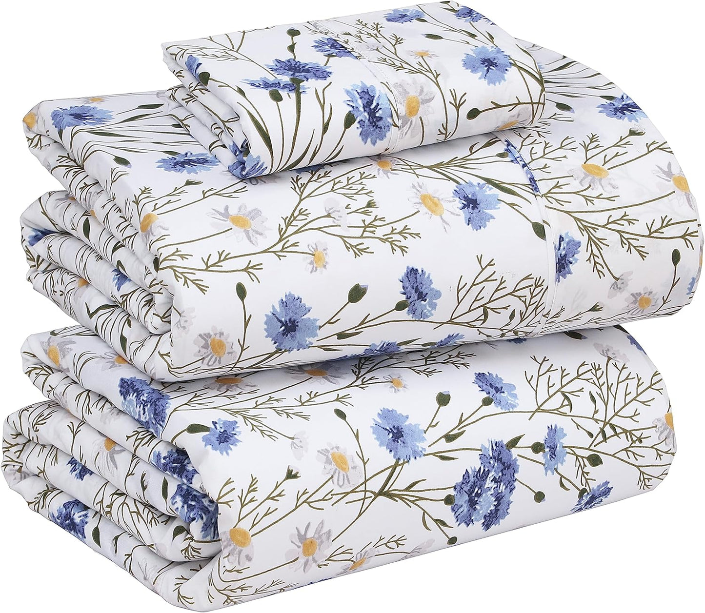 RUVANTI 100% Cotton Sheets Queen Size Set, 4 Pieces, Soft & Breathable Percale Weave Bedding, Deep Pocket 16", Hotel Standard, Crisp Cool Feeling, Durable, Perfect Floral Bed Sheet, Sweet Pea