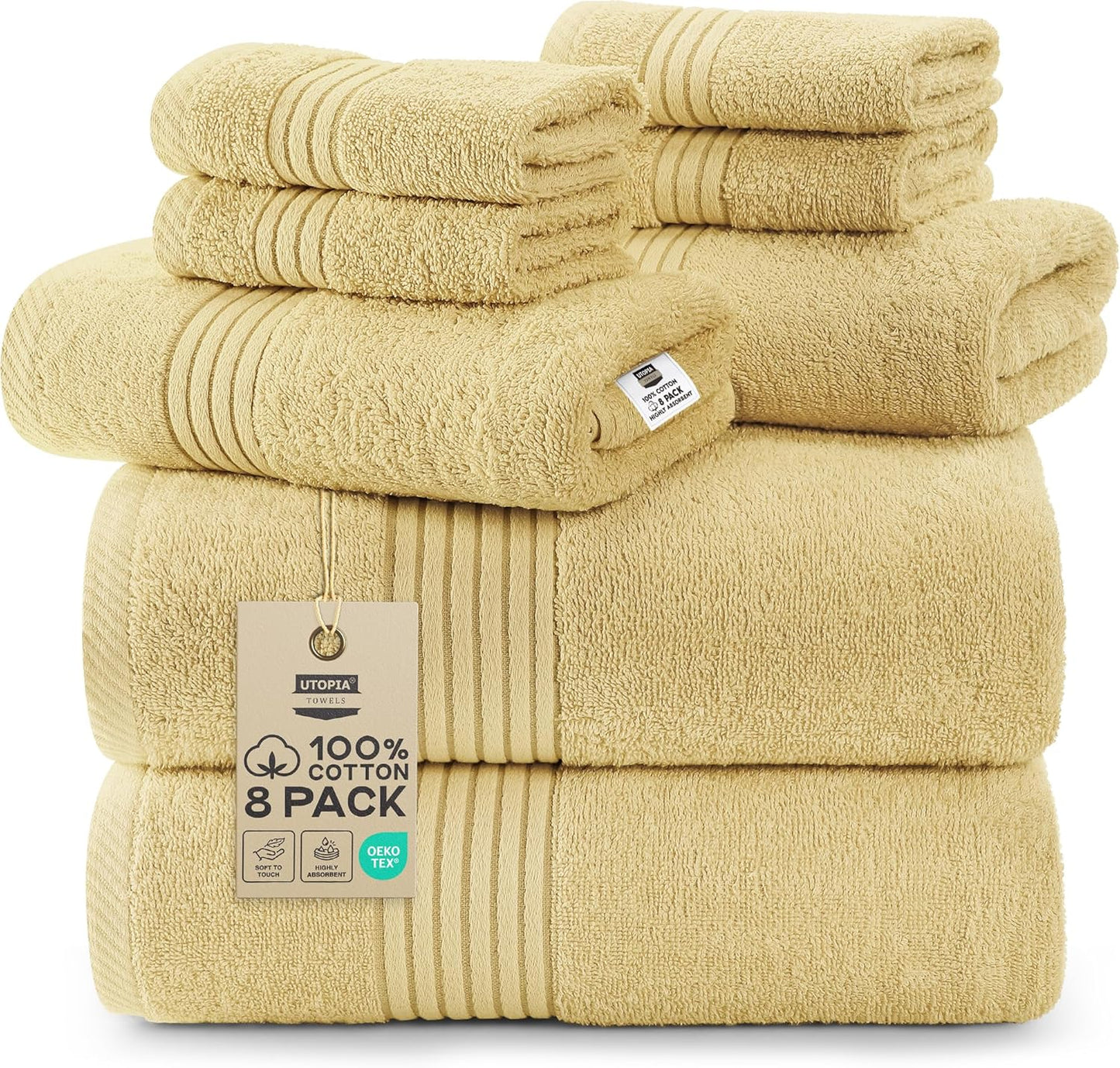 Utopia Towels 8 Piece Premium Towel Set, 2 Bath, 2 Hand, and 4 Washcloths, 100% Ring Spun Cotton, Highly Absorbent Towels for Bathroom, Sports, and Hotel, Grey