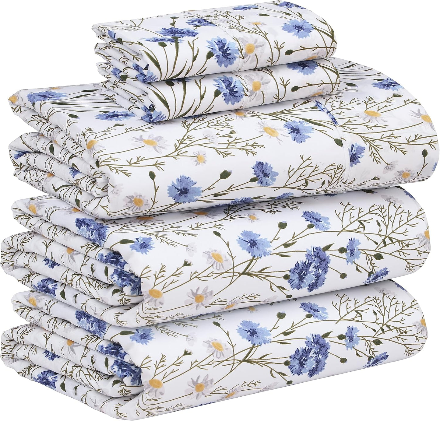 RUVANTI 100% Cotton Sheets Queen Size Set, 4 Pieces, Soft & Breathable Percale Weave Bedding, Deep Pocket 16", Hotel Standard, Crisp Cool Feeling, Durable, Perfect Floral Bed Sheet, Sweet Pea