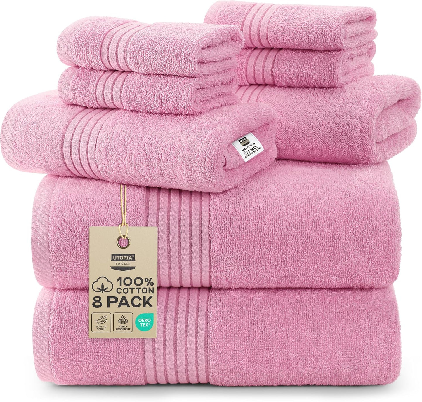 Utopia Towels 8 Piece Premium Towel Set, 2 Bath, 2 Hand, and 4 Washcloths, 100% Ring Spun Cotton, Highly Absorbent Towels for Bathroom, Sports, and Hotel, Grey