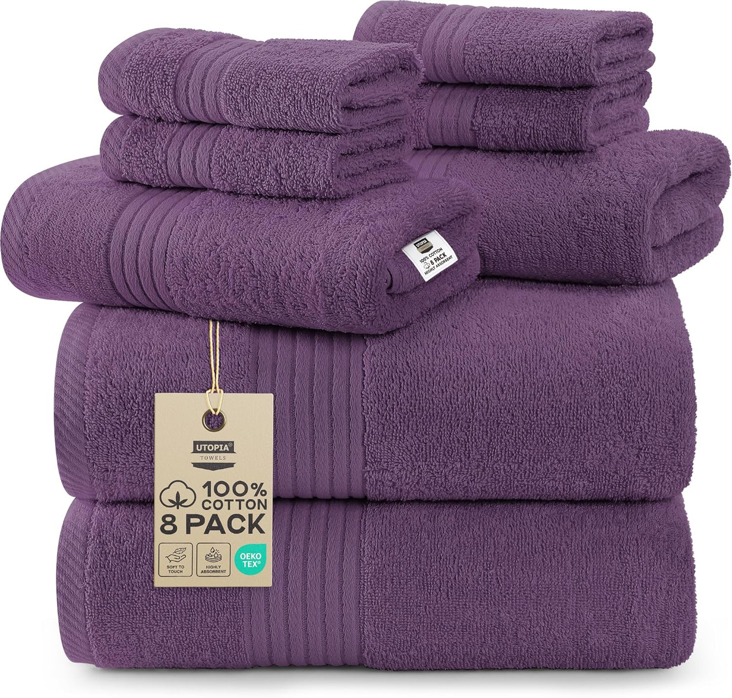 Utopia Towels 8 Piece Premium Towel Set, 2 Bath, 2 Hand, and 4 Washcloths, 100% Ring Spun Cotton, Highly Absorbent Towels for Bathroom, Sports, and Hotel, Grey