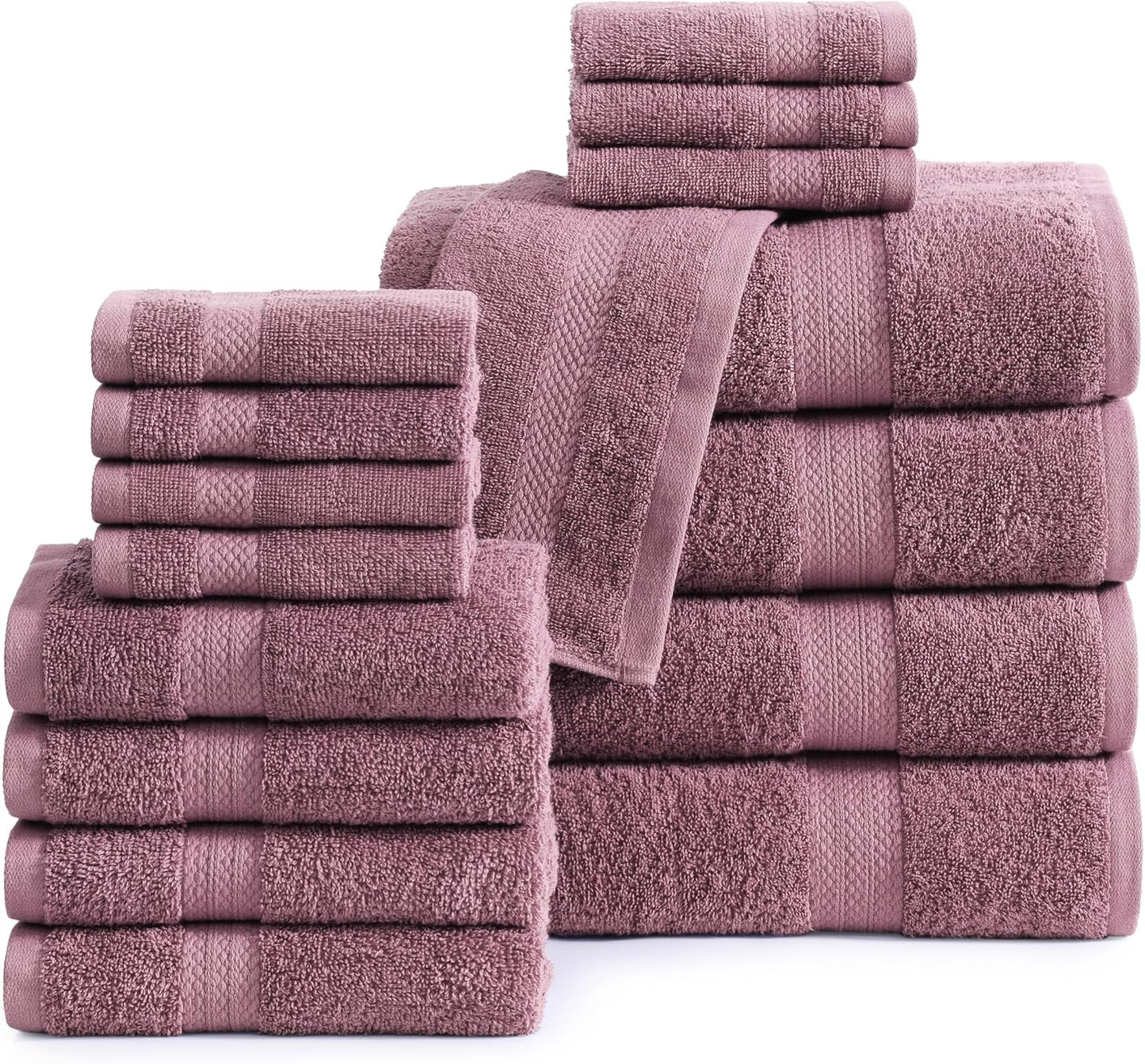 LANE LINEN 100% Mercerized Cotton Luxury Bathroom Towel Set - 16 Pcs - Super Soft, Fluffy & Highly Absorbent - 4 Bath Towels, 8 Washcloths, 4 Hand Towels - Pre Shrunk, Pet Friendly - Wishful Mauve