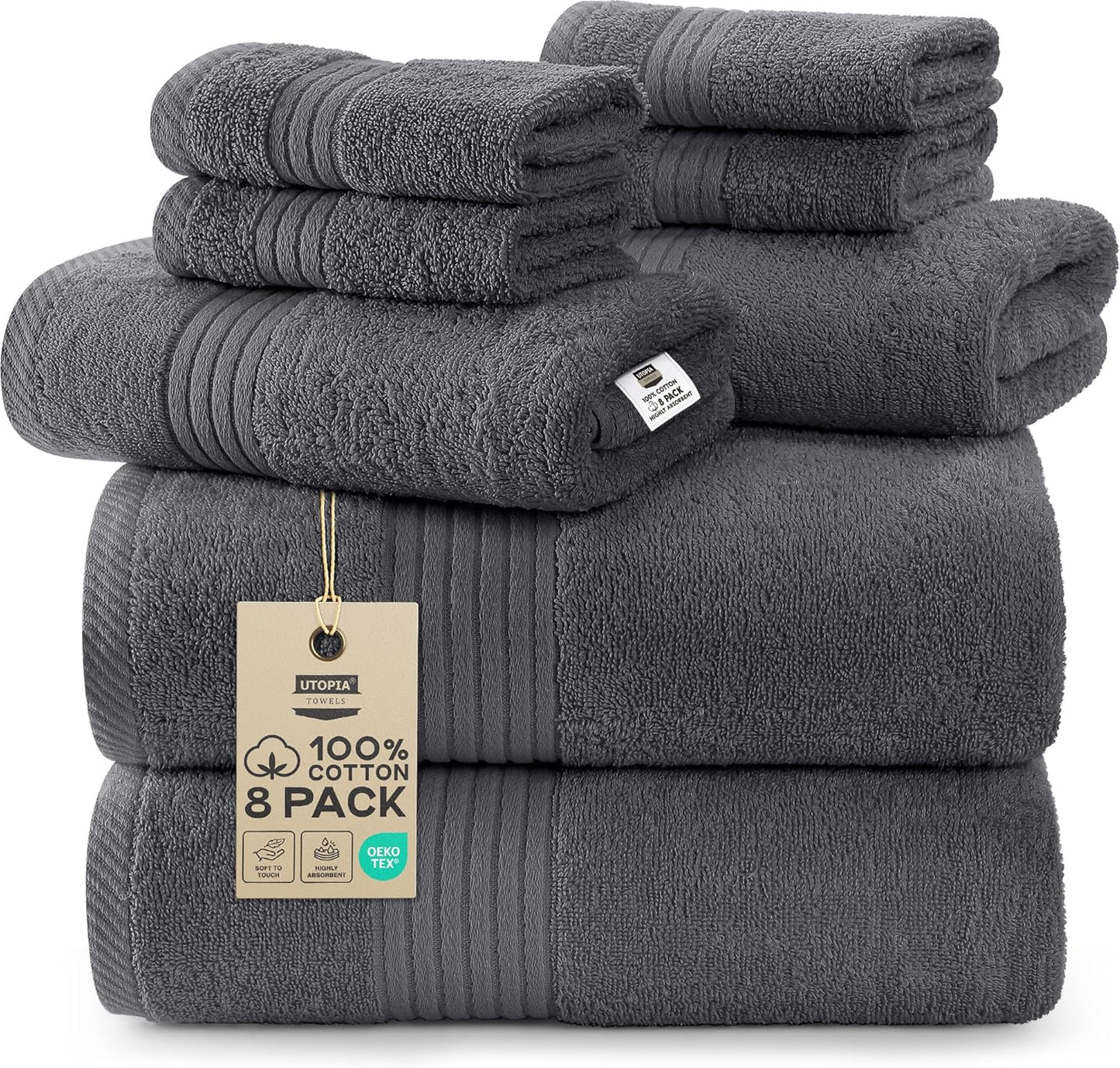 Utopia Towels 8 Piece Premium Towel Set, 2 Bath, 2 Hand, and 4 Washcloths, 100% Ring Spun Cotton, Highly Absorbent Towels for Bathroom, Sports, and Hotel, Grey